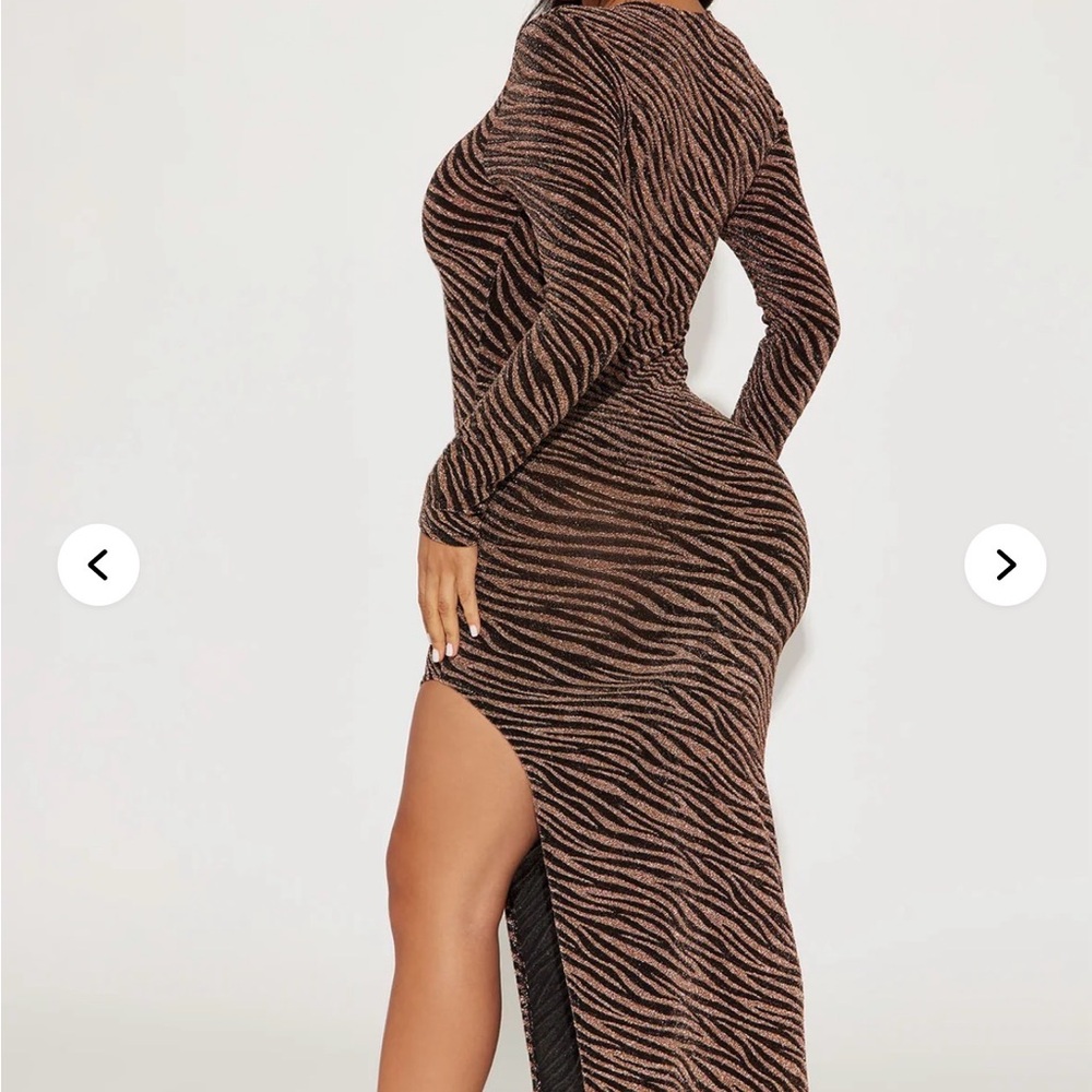 Fashion Nova Brown Zebra-Print Long Sleeve Bodycon Dress with Side Slit